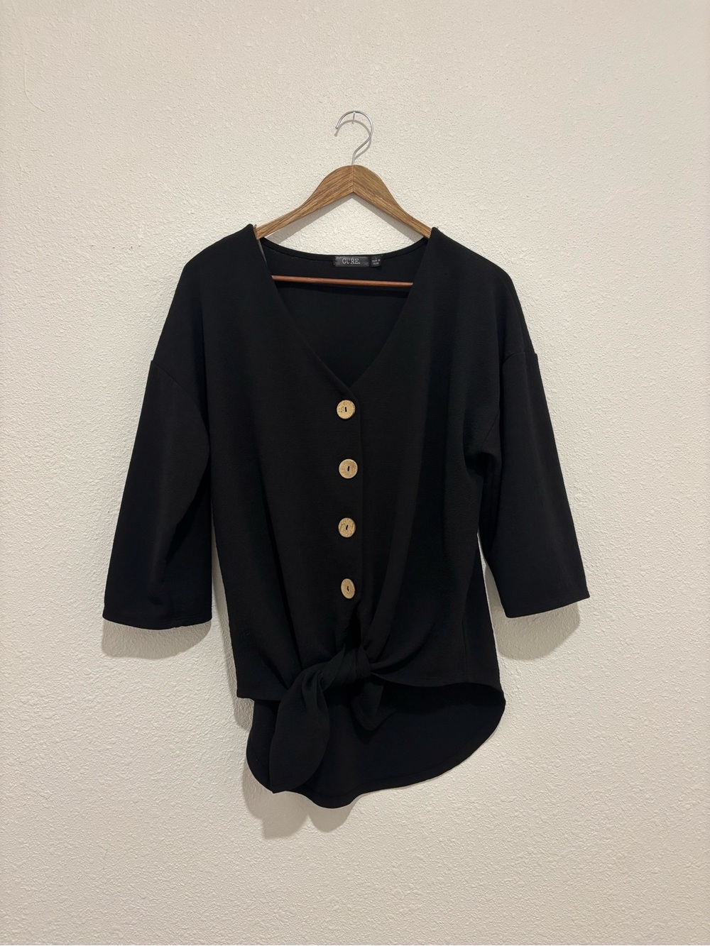 Button-Front Tie-Hem V-Neck Blouse - Black